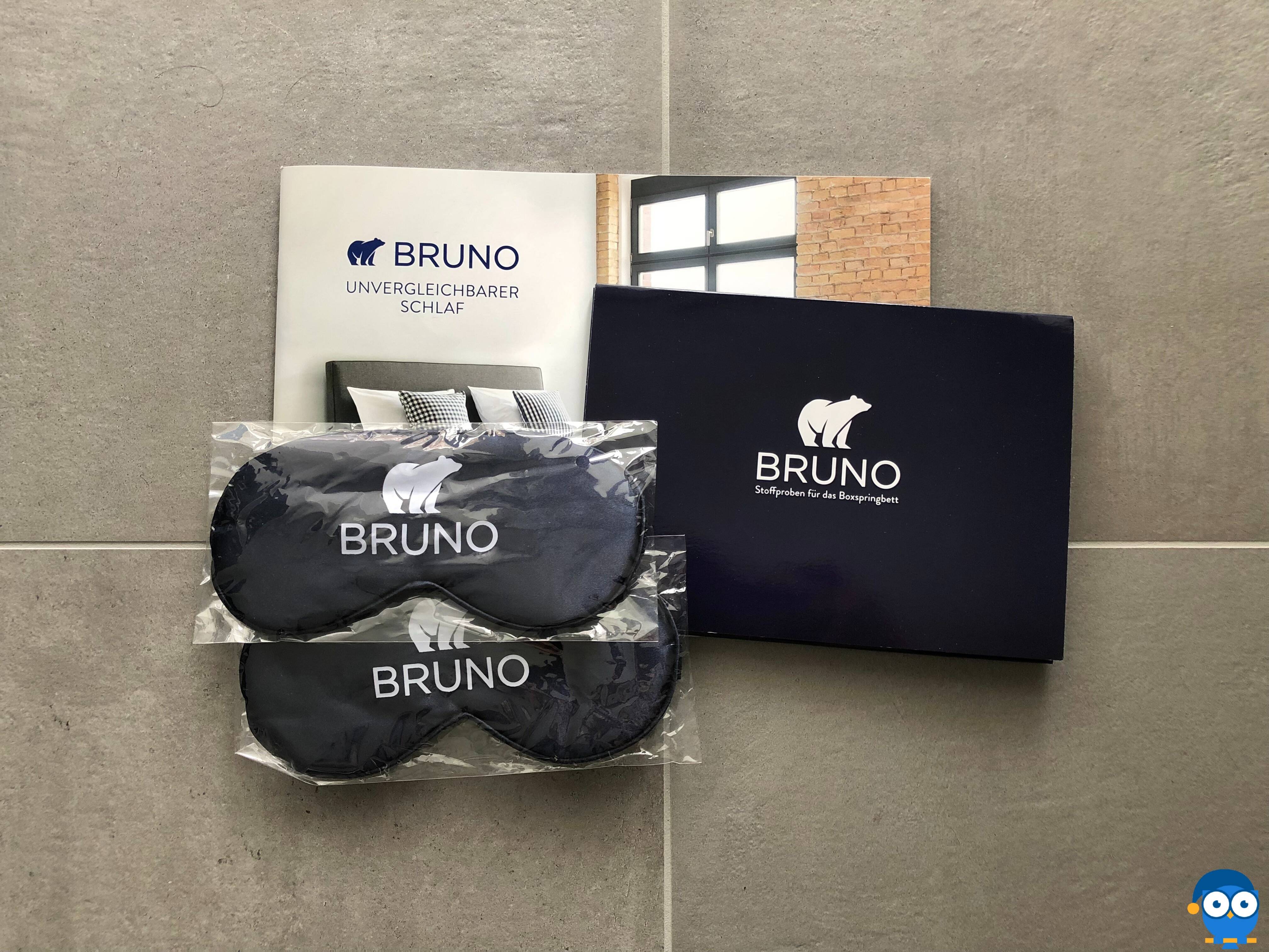 Bruno Bett Broschüre und Schlafmasken